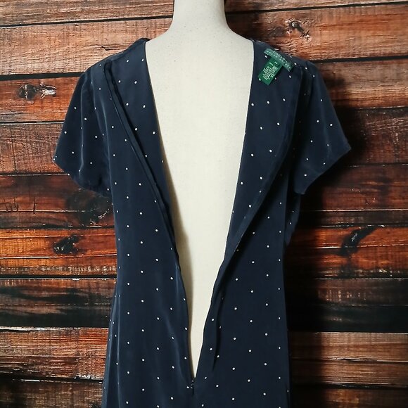 Lauren Ralph Lauren 14 Shift Dress 100% Silk Navy Blue Polka Dot - Picture 6 of 9